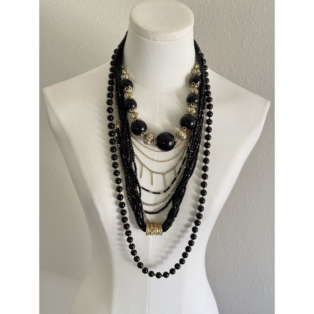 Lot Vintage Jet Black Bead Necklaces WhimsiGoth Multi-Strand Layered Cosplay